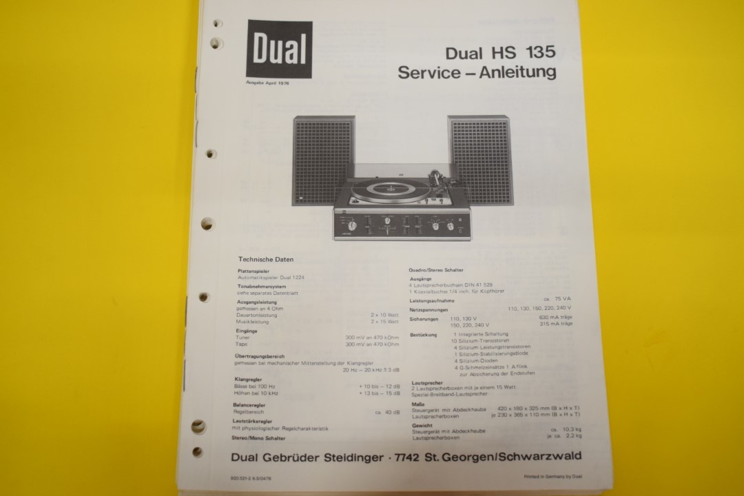 Dual HS 135 Turntable / Amplifier / Speaker Service Manual  			